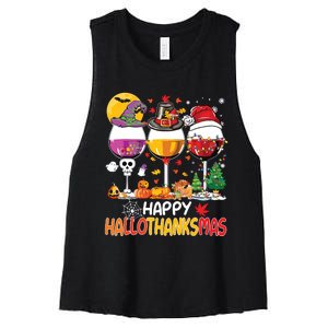 Happy Hallothanksmas Wine Glasses Witch Santa Hat Pumpkin Women's Racerback Cropped Tank