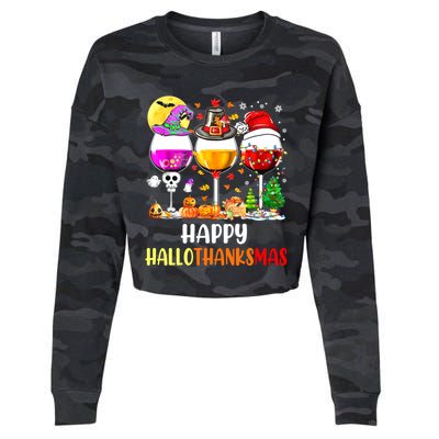 Happy Hallothanksmas Wine Glasses Wine Lover Cropped Pullover Crew