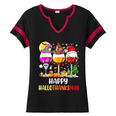 Happy Hallothanksmas Wine Glasses Wine Lover Ladies Halftime Notch Neck Tee