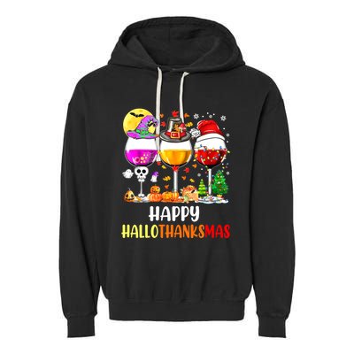 Happy Hallothanksmas Wine Glasses Wine Lover Garment-Dyed Fleece Hoodie