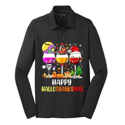 Happy Hallothanksmas Wine Glasses Wine Lover Silk Touch Performance Long Sleeve Polo