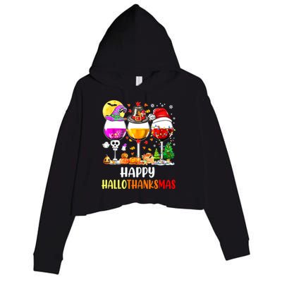 Happy Hallothanksmas Wine Glasses Wine Lover Crop Fleece Hoodie