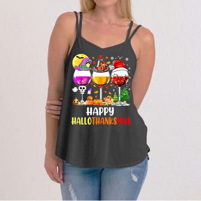 Happy Hallothanksmas Wine Glasses Wine Lover Women's Strappy Tank