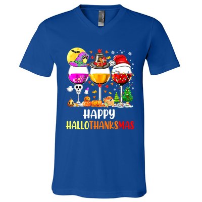 Happy Hallothanksmas Wine Glasses Wine Lover V-Neck T-Shirt