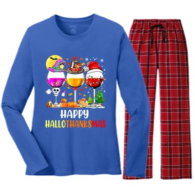 Happy Hallothanksmas Wine Glasses Wine Lover Women's Long Sleeve Flannel Pajama Set 