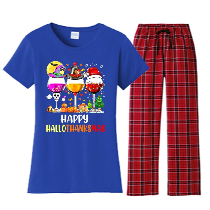 Happy Hallothanksmas Wine Glasses Wine Lover Women's Flannel Pajama Set