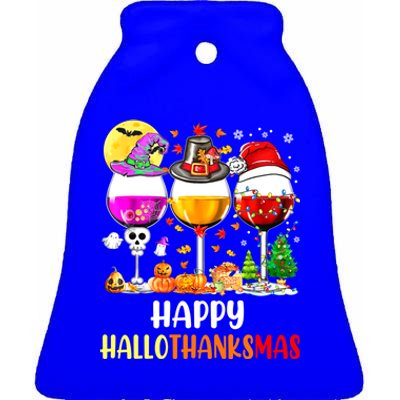 Happy Hallothanksmas Wine Glasses Wine Lover Ceramic Bell Ornament