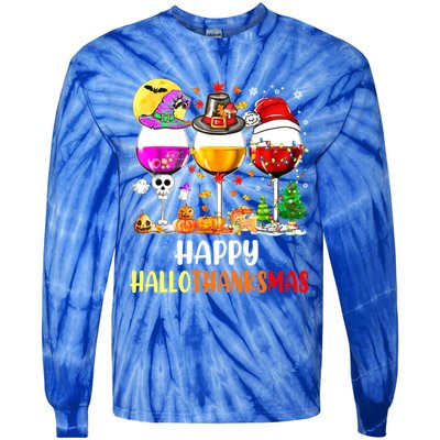 Happy Hallothanksmas Wine Glasses Wine Lover Tie-Dye Long Sleeve Shirt