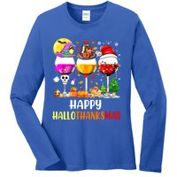 Happy Hallothanksmas Wine Glasses Wine Lover Ladies Long Sleeve Shirt