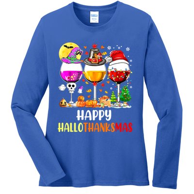 Happy Hallothanksmas Wine Glasses Wine Lover Ladies Long Sleeve Shirt