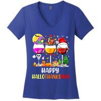 Happy Hallothanksmas Wine Glasses Wine Lover Women's V-Neck T-Shirt