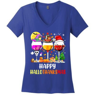 Happy Hallothanksmas Wine Glasses Wine Lover Women's V-Neck T-Shirt