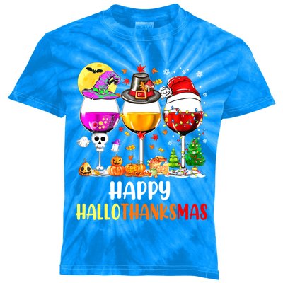 Happy Hallothanksmas Wine Glasses Wine Lover Kids Tie-Dye T-Shirt