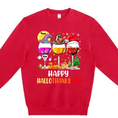 Happy Hallothanksmas Wine Glasses Wine Lover Premium Crewneck Sweatshirt