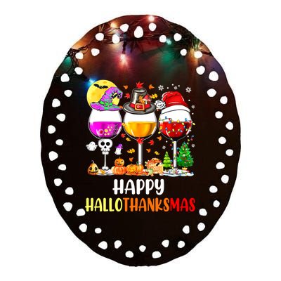 Happy Hallothanksmas Wine Glasses Wine Lover Ceramic Oval Ornament