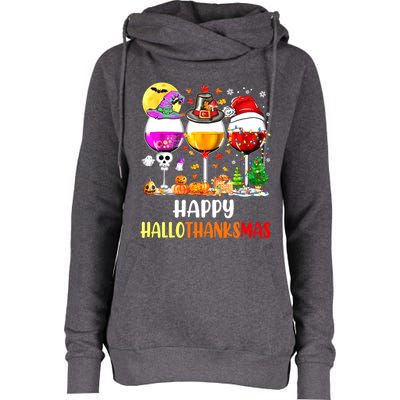 Happy Hallothanksmas Wine Glasses Wine Lover Womens Funnel Neck Pullover Hood