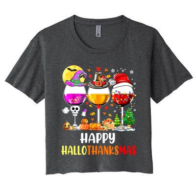 Happy Hallothanksmas Wine Glasses Wine Lover Women's Crop Top Tee