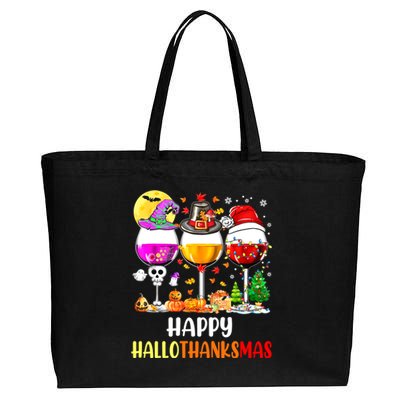 Happy Hallothanksmas Wine Glasses Wine Lover Cotton Canvas Jumbo Tote