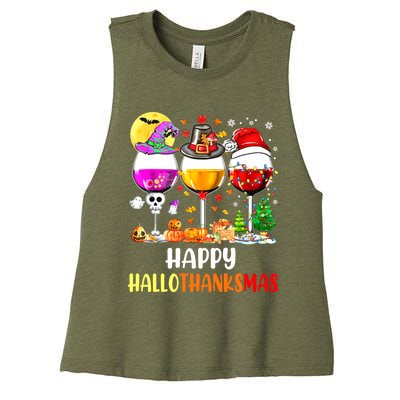 Happy Hallothanksmas Wine Glasses Wine Lover Women's Racerback Cropped Tank