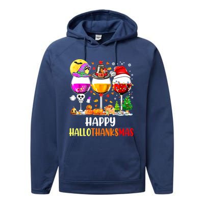 Happy Hallothanksmas Wine Glasses Wine Lover Performance Fleece Hoodie