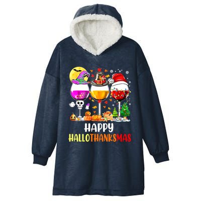 Happy Hallothanksmas Wine Glasses Wine Lover Hooded Wearable Blanket