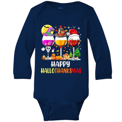 Happy Hallothanksmas Wine Glasses Wine Lover Baby Long Sleeve Bodysuit