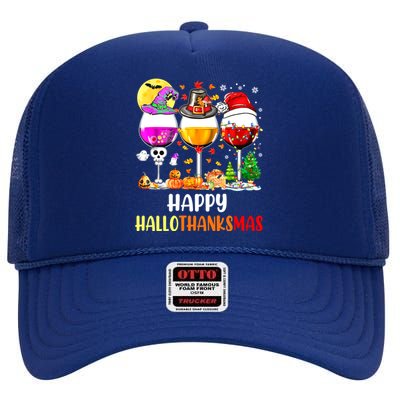 Happy Hallothanksmas Wine Glasses Wine Lover High Crown Mesh Back Trucker Hat