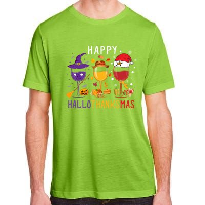 Happy Hallothanksmas Wine Halloween Thanksgiving Christmas Adult ChromaSoft Performance T-Shirt