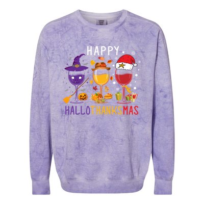 Happy Hallothanksmas Wine Halloween Thanksgiving Christmas Colorblast Crewneck Sweatshirt