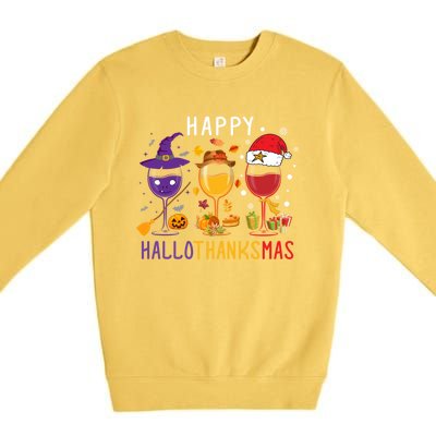 Happy Hallothanksmas Wine Halloween Thanksgiving Christmas Premium Crewneck Sweatshirt