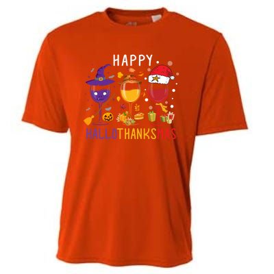 Happy Hallothanksmas Wine Halloween Thanksgiving Christmas Cooling Performance Crew T-Shirt