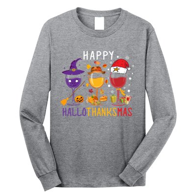 Happy Hallothanksmas Wine Halloween Thanksgiving Christmas Long Sleeve Shirt