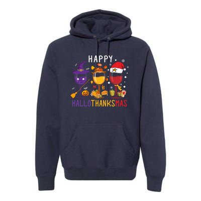 Happy Hallothanksmas Wine Halloween Thanksgiving Christmas Premium Hoodie