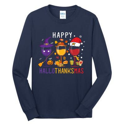 Happy Hallothanksmas Wine Halloween Thanksgiving Christmas Tall Long Sleeve T-Shirt