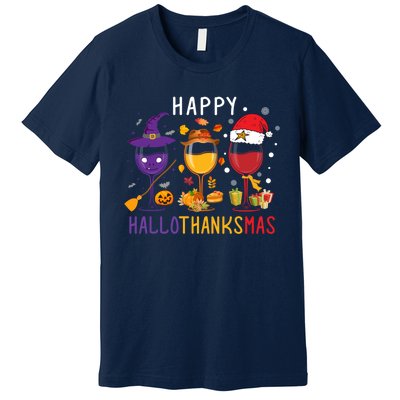 Happy Hallothanksmas Wine Halloween Thanksgiving Christmas Premium T-Shirt