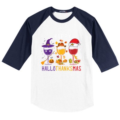 Happy Hallothanksmas Wine Halloween Thanksgiving Christmas Baseball Sleeve Shirt