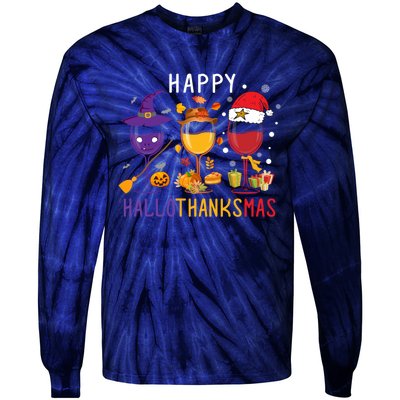 Happy Hallothanksmas Wine Halloween Thanksgiving Christmas Tie-Dye Long Sleeve Shirt