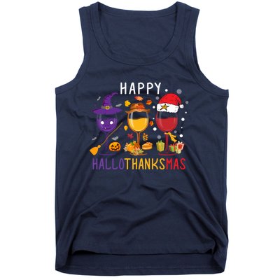 Happy Hallothanksmas Wine Halloween Thanksgiving Christmas Tank Top