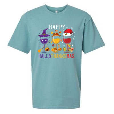 Happy Hallothanksmas Wine Halloween Thanksgiving Christmas Sueded Cloud Jersey T-Shirt