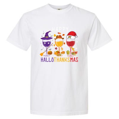 Happy Hallothanksmas Wine Halloween Thanksgiving Christmas Garment-Dyed Heavyweight T-Shirt