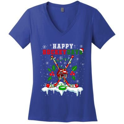Happy Hockey Xmas Days Ice Hockey Equipt Player Family Gift Women's V-Neck T-Shirt