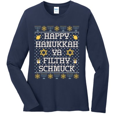 Happy Hanukkah Ya Filthy Schmuck Funny Hanukkah Idea Ladies Long Sleeve Shirt