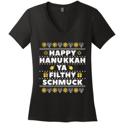 Happy Hanukkah Ya Filthy Ugly Chanukah Funny Jew Women's V-Neck T-Shirt