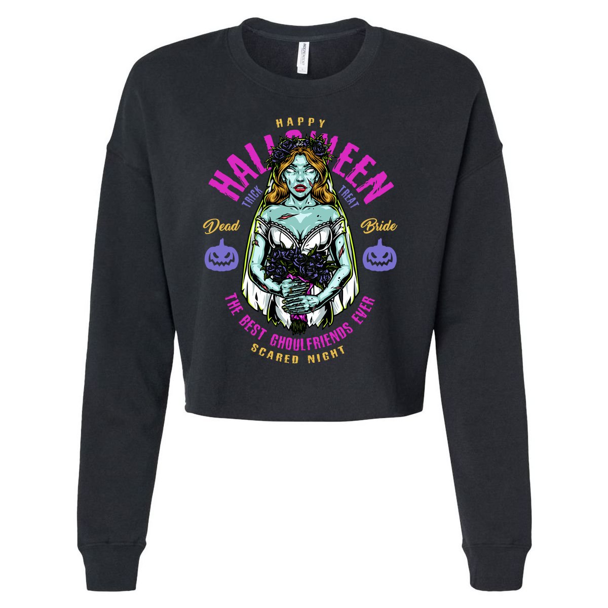 Happy Halloween Zombie Bride Ghoulfriends Zombies Funny Cropped Pullover Crew