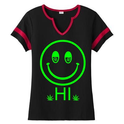 Hi Smiley Face Weed Ladies Halftime Notch Neck Tee