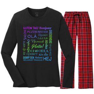 Hello in 22 Different Languages Word ESL Teachers Students Women's Long Sleeve Flannel Pajama Set 