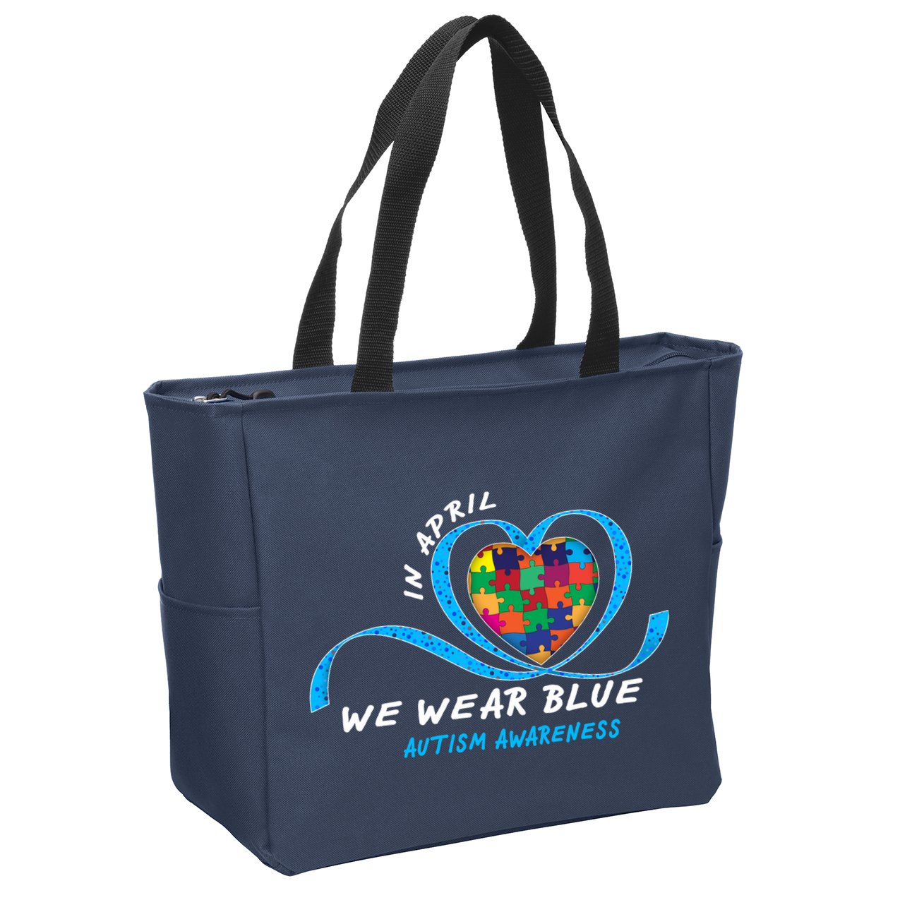 Heart In April We Wear Blue Love Hope Faith Autism Awareness Zip Tote Bag