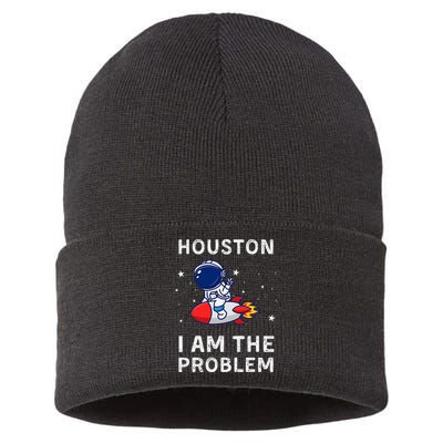 Houston I Am The Problem Funny Astronaut Rocket Space Sustainable Knit Beanie