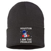 Houston I Am The Problem Funny Astronaut Rocket Space Sustainable Knit Beanie
