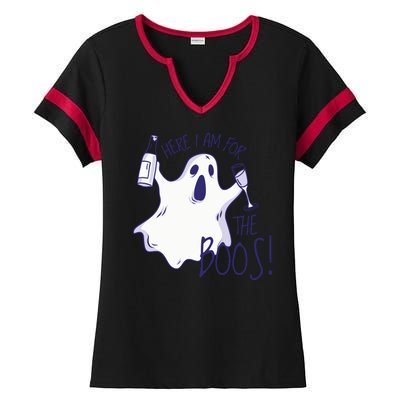 Here I Am For The Boos Funny Ghost Ladies Halftime Notch Neck Tee